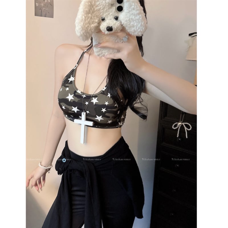 Leopard uzorak halter vrh s podstavom za žene – bez rukava, kratki top, poliester 80-90%