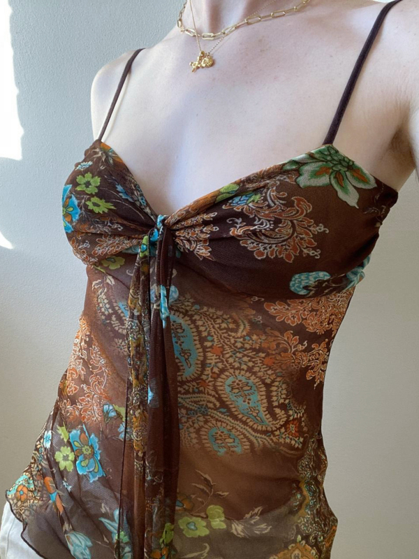 Slim-fit bustier top s mrežastim printom, retro stil, ramena nisu skidiva, standardna duljina