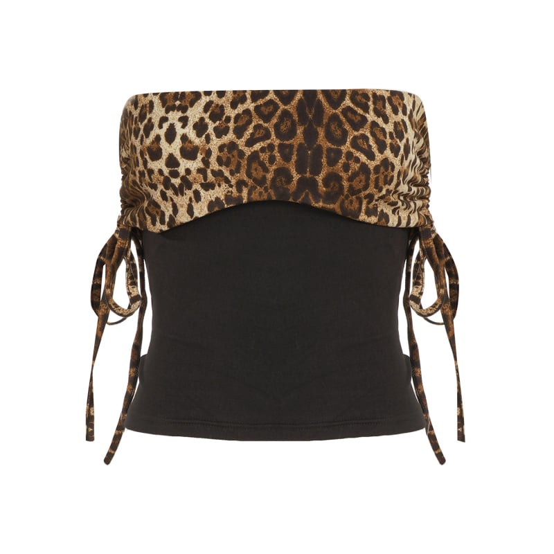 Leopard print crop top s ramena otvorenim i otvorenim leđima, bočni pojas sa vezicama, uski kroj, materijal Milk Silk, Poliester 95%+