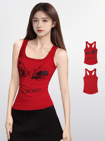 Ženski cami s U-izrezom, kratka kroj, tekstualni uzorak, tkanina od viskoze i spandeksa