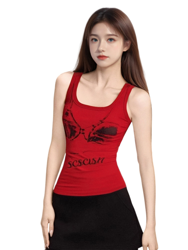 Ženski cami s U-izrezom, kratka kroj, tekstualni uzorak, tkanina od viskoze i spandeksa