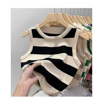 Prugasti cami od ice silk, kratki bez rukava, ženski Slim Fit