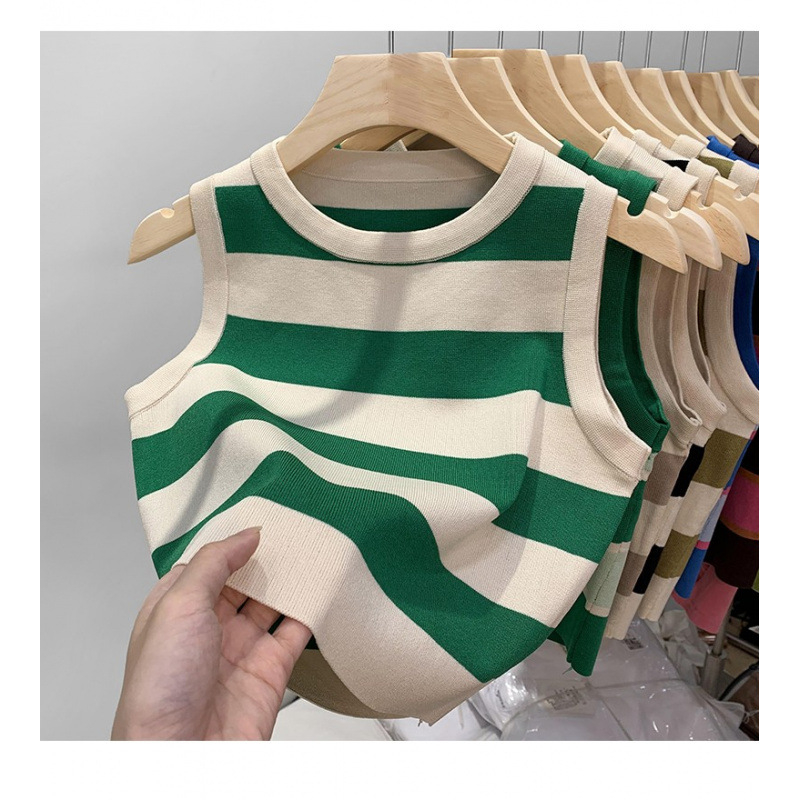 Prugasti cami od ice silk, kratki bez rukava, ženski Slim Fit