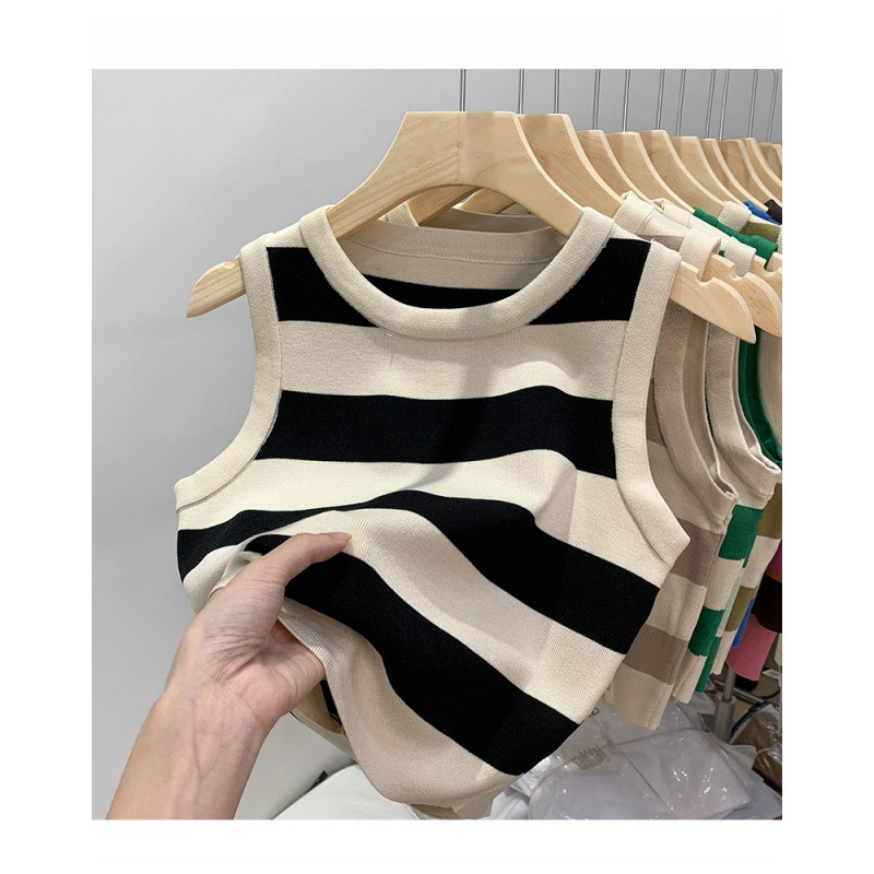 Prugasti cami od ice silk, kratki bez rukava, ženski Slim Fit