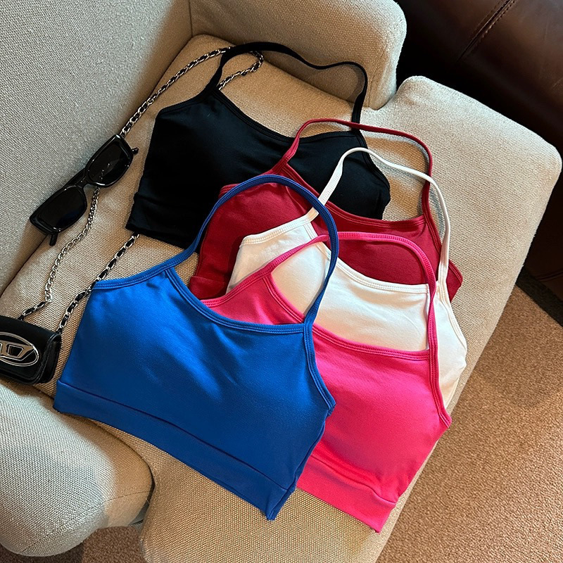 Pamukasti halter-top s otvorenim leđima, kratak top za žene, s dodatkom za punjenje