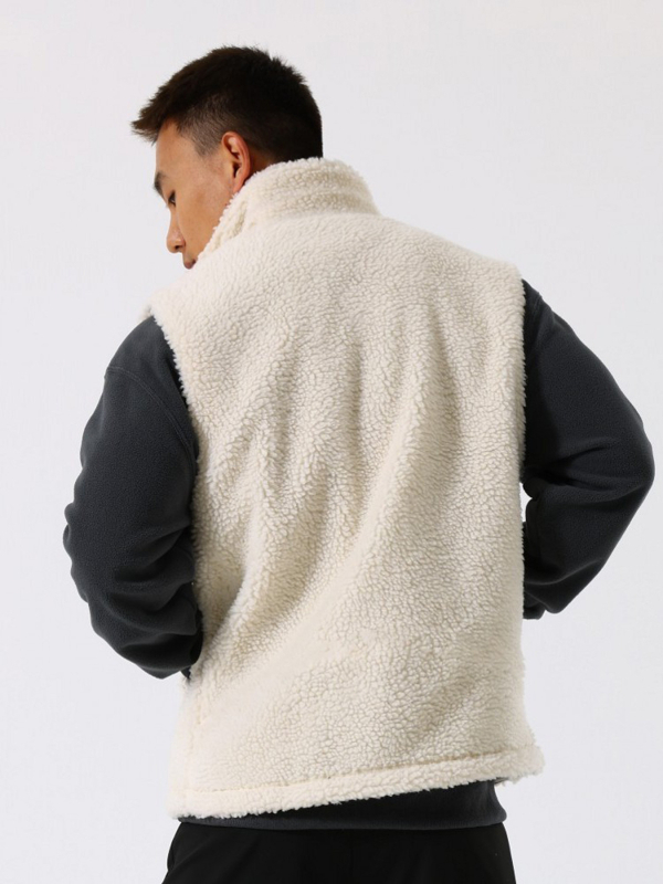 Meeste lambavillast vest varrukateta, stand-up krae ja tõmblukk, ühevärviline muster, 90% polüester