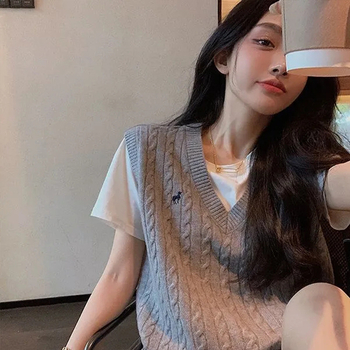 Vesta tricotată pentru femei, în stil colegial, decolteu în V, croială lejeră, imprimeu animal, material din lână amestecată cu poliester