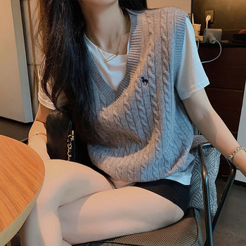 Vesta tricotată pentru femei, în stil colegial, decolteu în V, croială lejeră, imprimeu animal, material din lână amestecată cu poliester