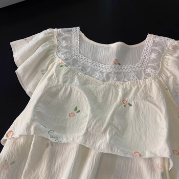 Pidžama s ugrađenim jastučićima za grudi, ženska ljetna pidžama, široka silueta, rukavi ¾, kvadratni ovratnik