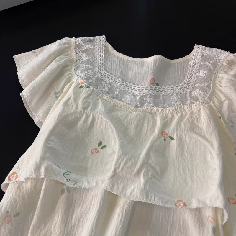 Pidžama s ugrađenim jastučićima za grudi, ženska ljetna pidžama, široka silueta, rukavi ¾, kvadratni ovratnik