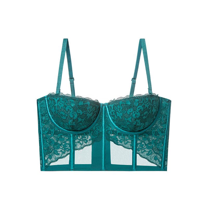 Женски френски стил дантелен бюстгъртън с рибни кости, махащи се халтер презрамки, тънки формовани чаши 1/2; основен плат: дантела/найлон 89,1%, подплата: спандекс 10,9%, стил: секси, формоване на бюста