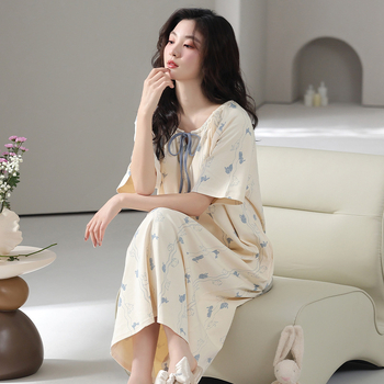 Pamukova noćna haljina s ugrađenom podrškom za grudi, stil princeze, ljetna pamuk haljina, 3/4 rukavi, okrugli izrez, duga haljina, 95–100% pamuk