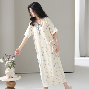 Pamukova noćna haljina s ugrađenom podrškom za grudi, stil princeze, ljetna pamuk haljina, 3/4 rukavi, okrugli izrez, duga haljina, 95–100% pamuk