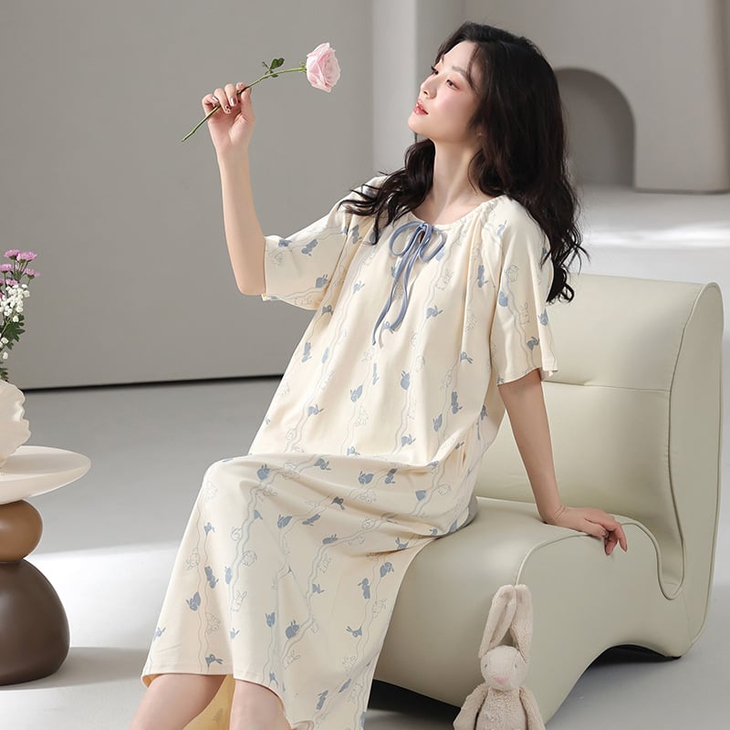 Pamukova noćna haljina s ugrađenom podrškom za grudi, stil princeze, ljetna pamuk haljina, 3/4 rukavi, okrugli izrez, duga haljina, 95–100% pamuk