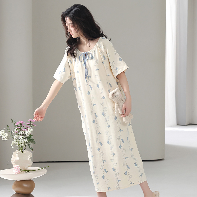 Pamukova noćna haljina s ugrađenom podrškom za grudi, stil princeze, ljetna pamuk haljina, 3/4 rukavi, okrugli izrez, duga haljina, 95–100% pamuk