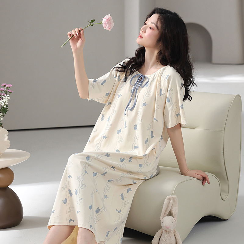 Pamukova noćna haljina s ugrađenom podrškom za grudi, stil princeze, ljetna pamuk haljina, 3/4 rukavi, okrugli izrez, duga haljina, 95–100% pamuk