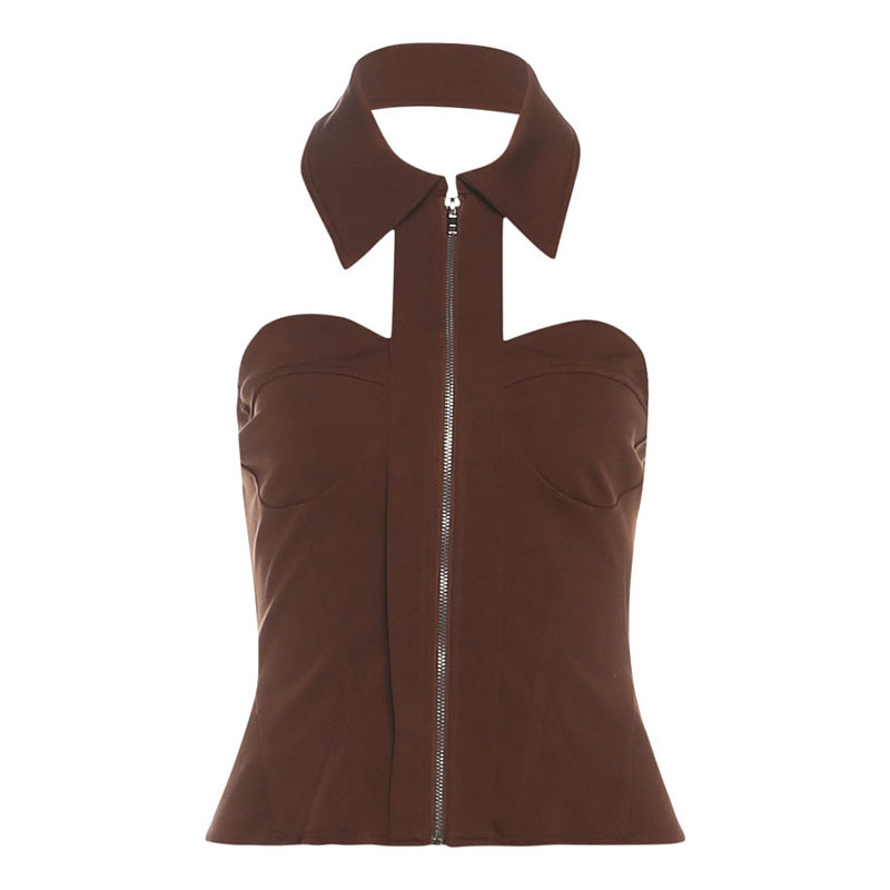 Tank top bez rukava, halter ovratnik, uski kroj, kratka duljina, jednobojna poliester, jesen 2025