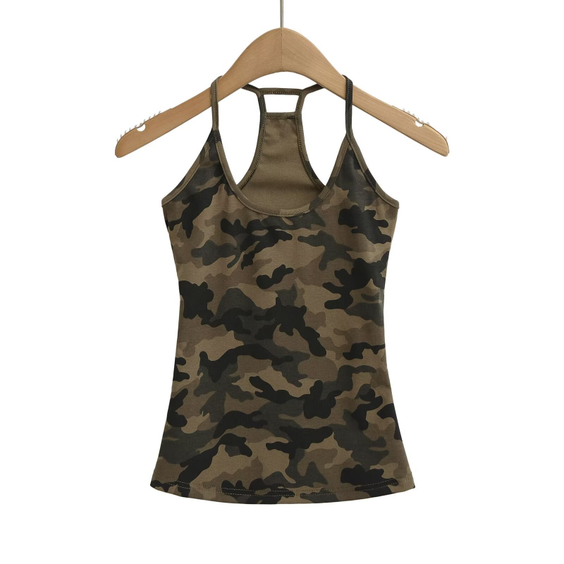 Halterneck Camisole s kamuflažnim uzorkom, pamuk-elastan smjesa, uski kroj, visoka elastičnost