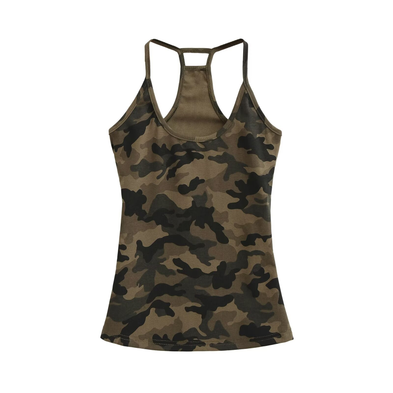 Halterneck Camisole s kamuflažnim uzorkom, pamuk-elastan smjesa, uski kroj, visoka elastičnost