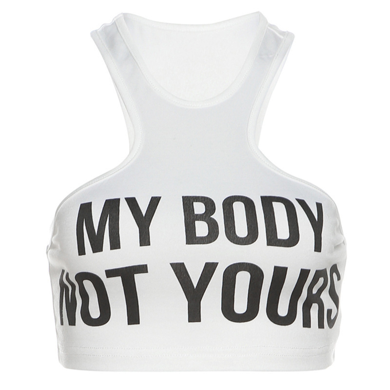 Tricou fără mâneci cu gât în formă de U, imprimeu cu litere, croială slim, poliester micro-elastic