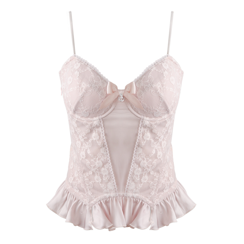 Top din dantelă cu plasă satinată, corset cu os și pernă pentru bust, croială Slim Fit