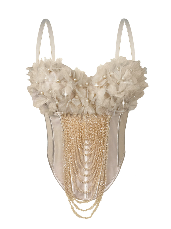 Top camizol cu imprimeu floral și ciucuri, decupat în spate, bretele detașabile, sutien cu oase pentru modelarea corpului