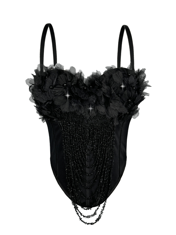 Top camizol cu imprimeu floral și ciucuri, decupat în spate, bretele detașabile, sutien cu oase pentru modelarea corpului