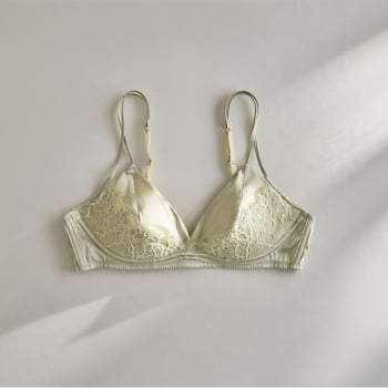 Šilkinė trikampio puodelio liemenėlė, prancūziško stiliaus, fiksuoti dvigubi pečiai, nugaros užtrauktukas su trim eilių kabliukų, Mulberry šilko įdėklas