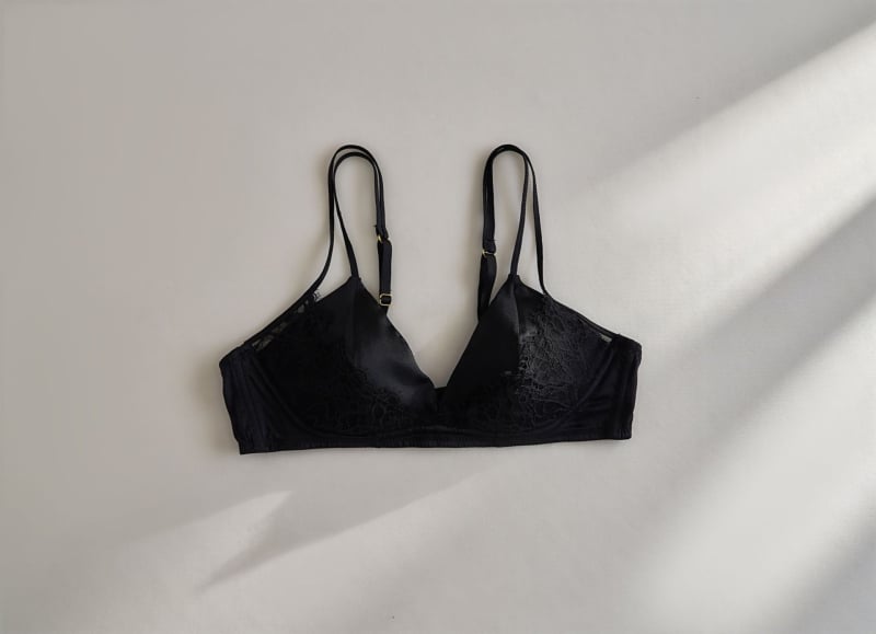 Šilkinė trikampio puodelio liemenėlė, prancūziško stiliaus, fiksuoti dvigubi pečiai, nugaros užtrauktukas su trim eilių kabliukų, Mulberry šilko įdėklas