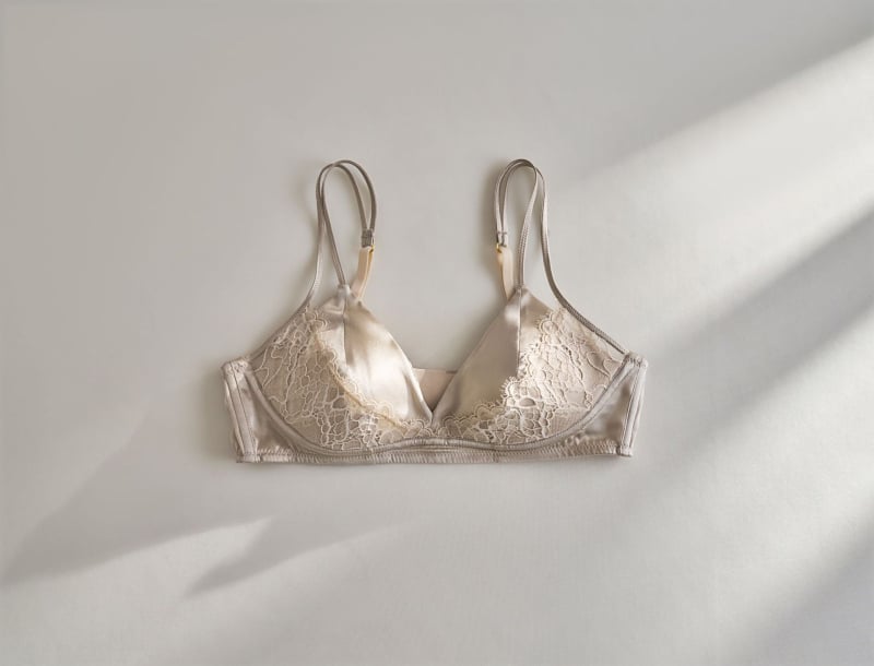 Šilkinė trikampio puodelio liemenėlė, prancūziško stiliaus, fiksuoti dvigubi pečiai, nugaros užtrauktukas su trim eilių kabliukų, Mulberry šilko įdėklas