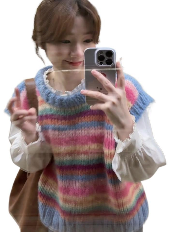 Vestă tricotată cu dungă curcubeu pentru femei — toamnă/iarnă, guler rotund, material Spandex-Poliester, croială în formă de A