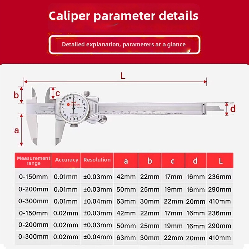 Dayang fantóm dial kaliper 0-150 mm, presnosť 0.02/0.01 mm, nehrdzavejúca oceľ