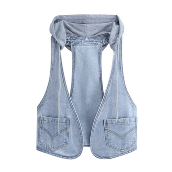 Denim prsluk – koreanskog stila, kratka duljina, kapuljača, bez ovratnika, okrugli izrez, pamuk-denim