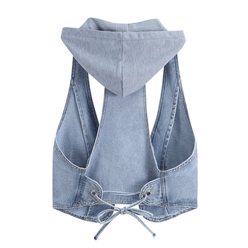 Denim prsluk – koreanskog stila, kratka duljina, kapuljača, bez ovratnika, okrugli izrez, pamuk-denim