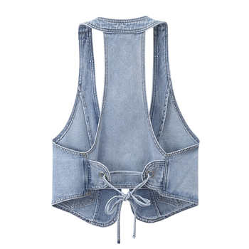 Denim prsluk – koreanskog stila, kratka duljina, kapuljača, bez ovratnika, okrugli izrez, pamuk-denim