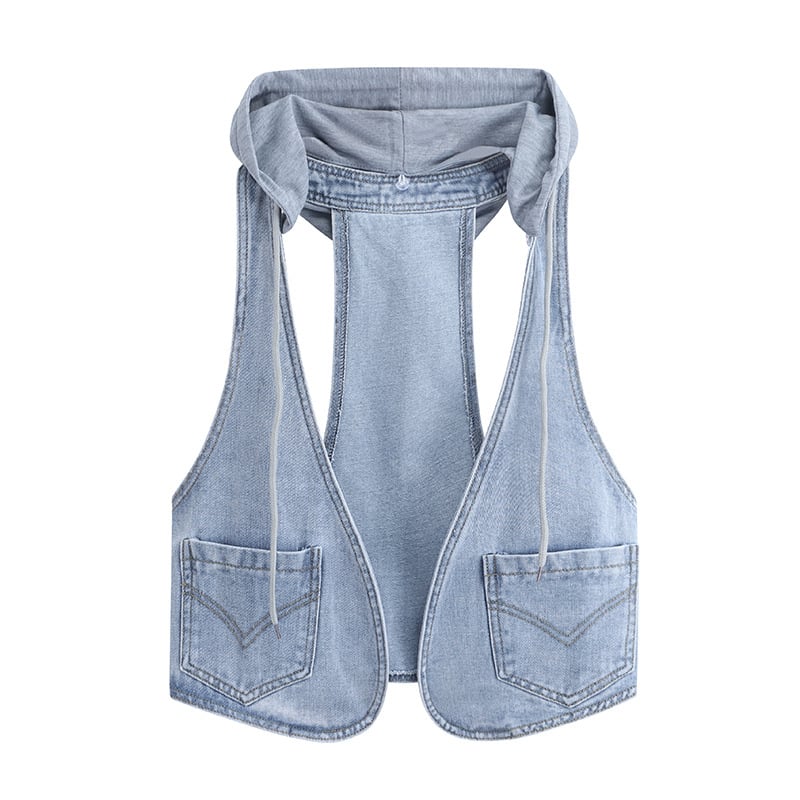 Denim prsluk – koreanskog stila, kratka duljina, kapuljača, bez ovratnika, okrugli izrez, pamuk-denim