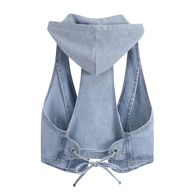 Denim prsluk – koreanskog stila, kratka duljina, kapuljača, bez ovratnika, okrugli izrez, pamuk-denim