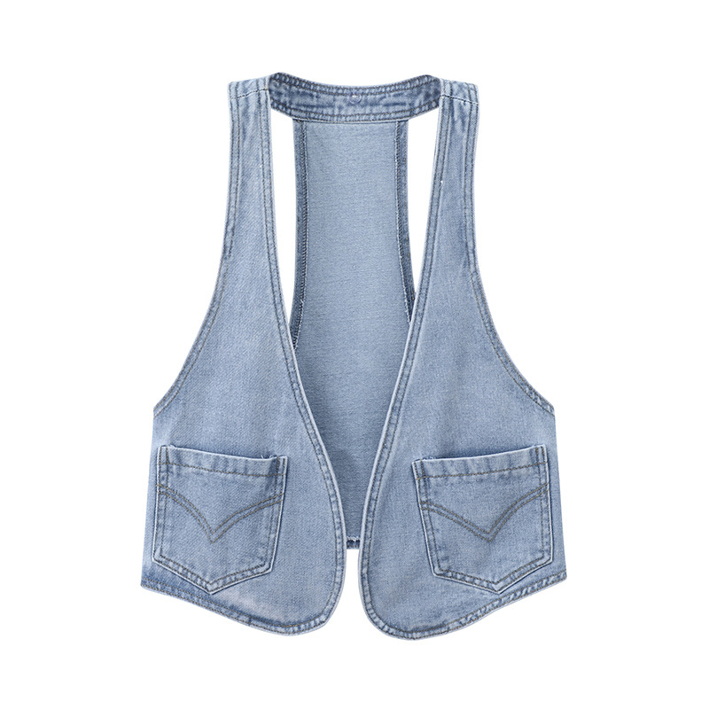 Denim prsluk – koreanskog stila, kratka duljina, kapuljača, bez ovratnika, okrugli izrez, pamuk-denim