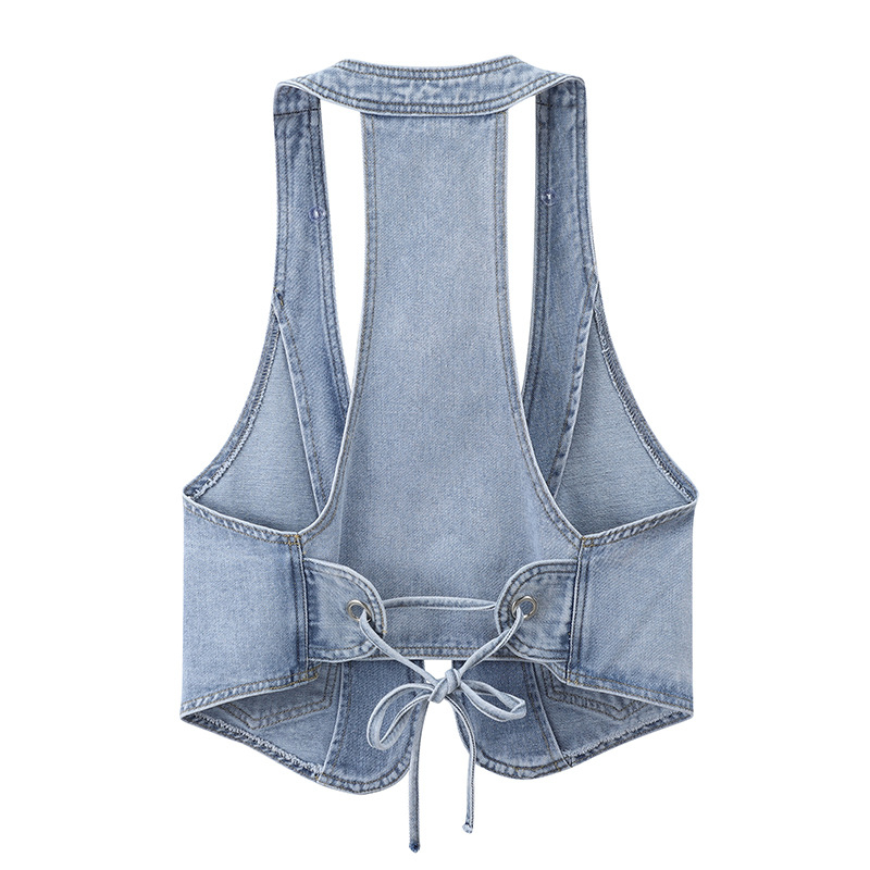 Denim prsluk – koreanskog stila, kratka duljina, kapuljača, bez ovratnika, okrugli izrez, pamuk-denim