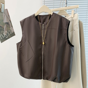 Női PU bőr mellény – kerek nyak, irodalmi retro stílus, csatos zárás, ősz 2025