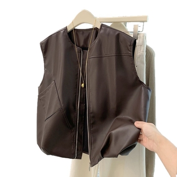Női PU bőr mellény – kerek nyak, irodalmi retro stílus, csatos zárás, ősz 2025