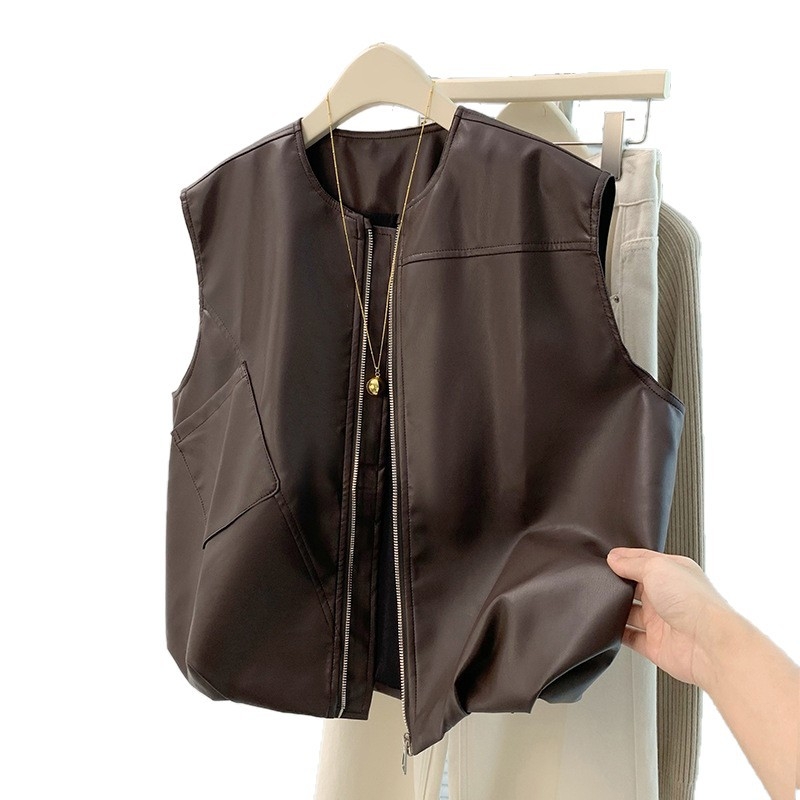 Női PU bőr mellény – kerek nyak, irodalmi retro stílus, csatos zárás, ősz 2025