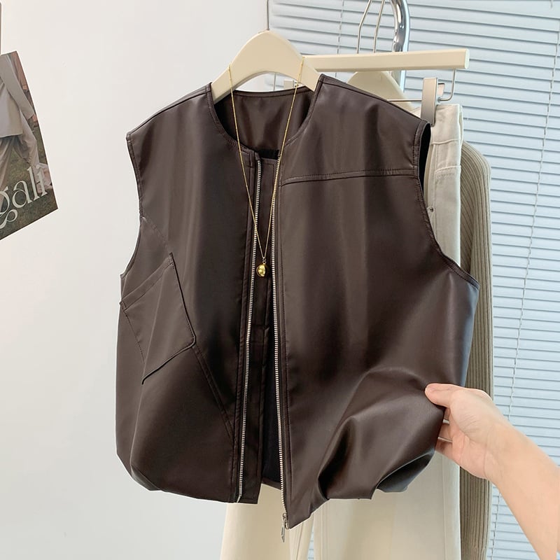 Női PU bőr mellény – kerek nyak, irodalmi retro stílus, csatos zárás, ősz 2025