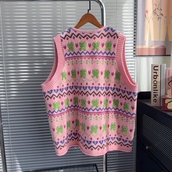 Ženski floralni pleteni prsluk kardigan, opuštenog kroja, okrugli vrat, polyester ≥95%, punilo pamuk, jesen 2025