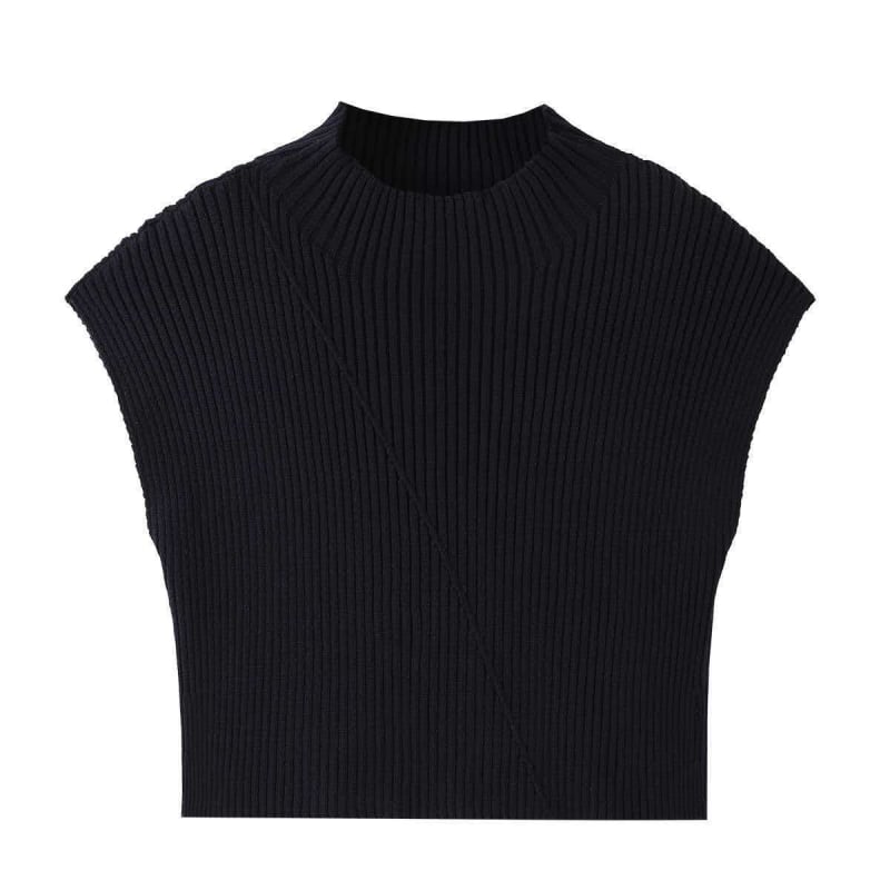 Elegantan pleteni prsluk, uski kroj, kratka duljina, poluvošći ovratnik, uredski stil