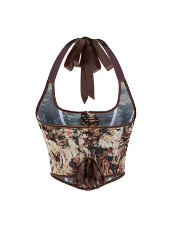 Halter nyakú halcsont-corset felső, derékszorító dizájn, poliészter, virágos mintázat, ultra rövid hossz