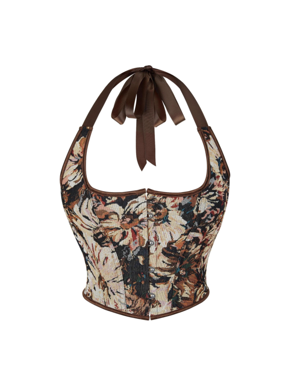 Halter nyakú halcsont-corset felső, derékszorító dizájn, poliészter, virágos mintázat, ultra rövid hossz