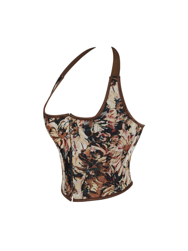 Halter nyakú halcsont-corset felső, derékszorító dizájn, poliészter, virágos mintázat, ultra rövid hossz
