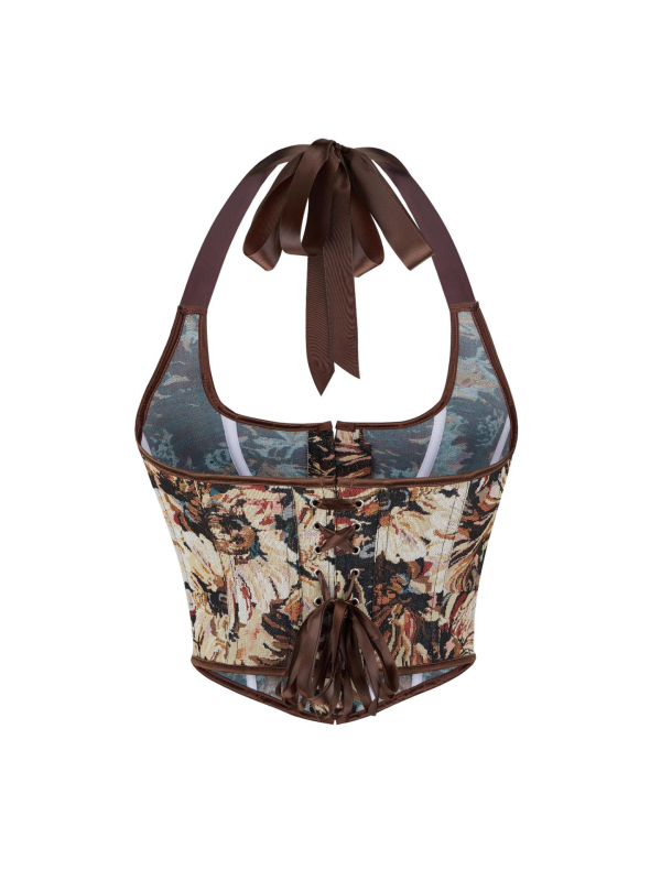 Halter nyakú halcsont-corset felső, derékszorító dizájn, poliészter, virágos mintázat, ultra rövid hossz