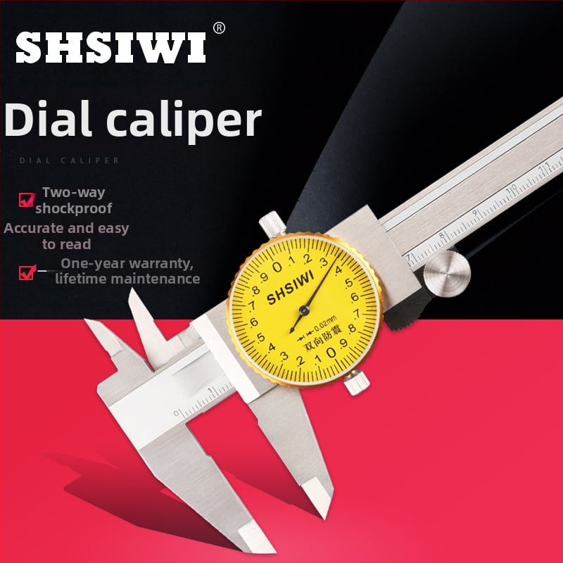 Vernier kalibro matavimo priemonė su dial skale, diapazonai 0-150 mm (0,02 mm) ir 0-200 mm (0,02 mm); 0-150 mm (0,01 mm) ir 0-200 mm (0,01 mm)